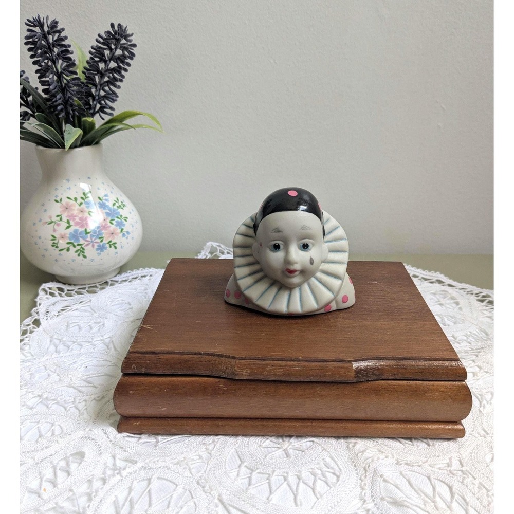 Vintage Wooden Playing Card Box Pierrot Clown Face – Double Deck Card Holder